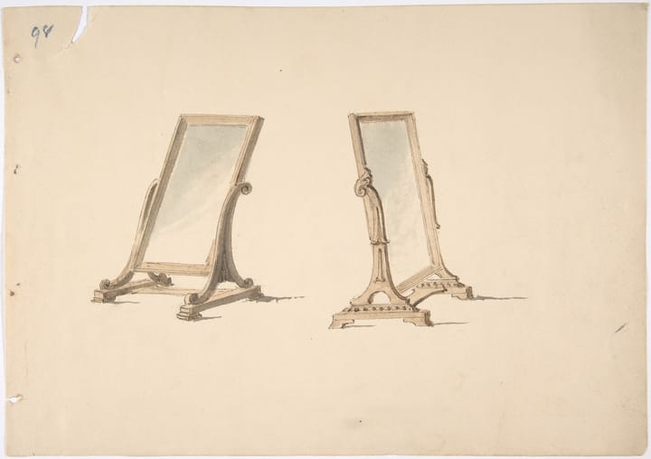 drawing of two ornamental mirrors, facing away from one another